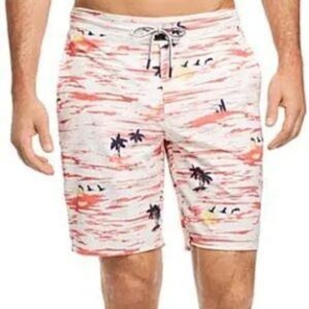 Johnnie-O Swim Trunks Large White Red Tropical Palm Tree‎ Print Beach Vacation